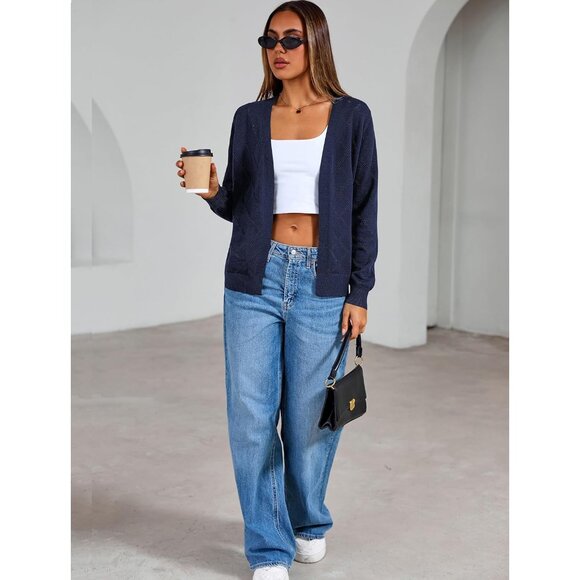 Women's Knit Cardigan Sweater Long Sleeve Open Front Diamond Pattern - Picture 5 of 5